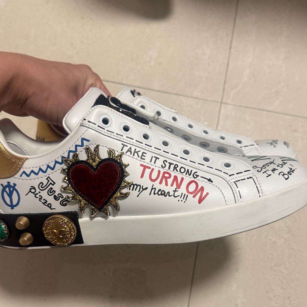 White Sneakers with Heart and Gold Accents